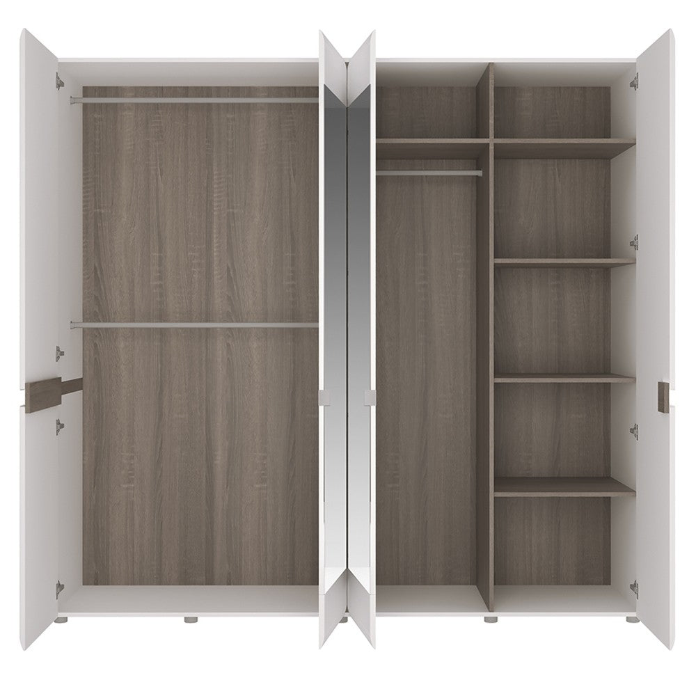 Axton Norwood Bedroom 4 Door Wardrobe With Mirrors In White With A Truffle Oak Trim
