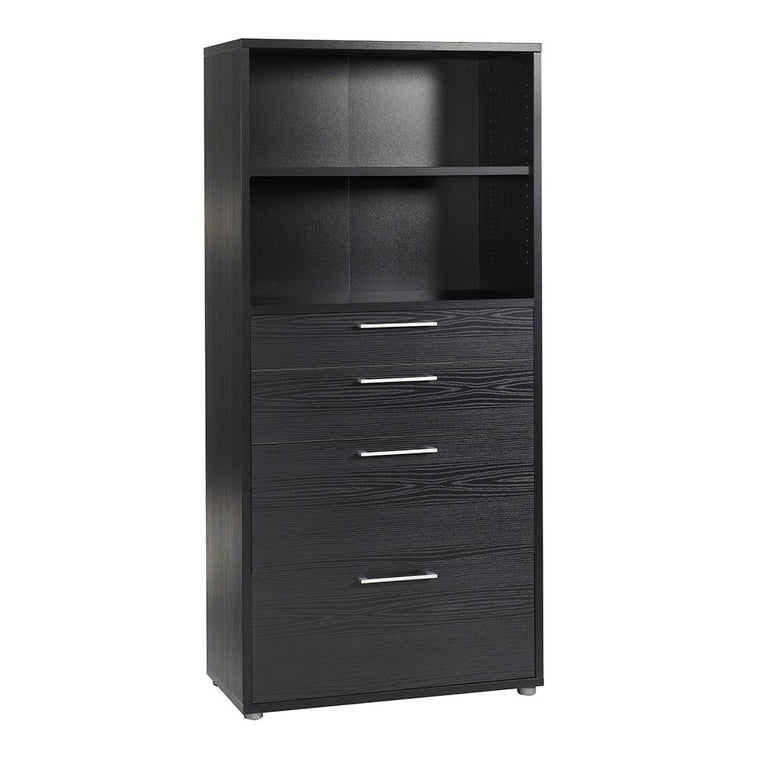 Axton Trinity Bookcase 4 Shelves with 2 Drawers + 2 File Drawers in Black woodgrain