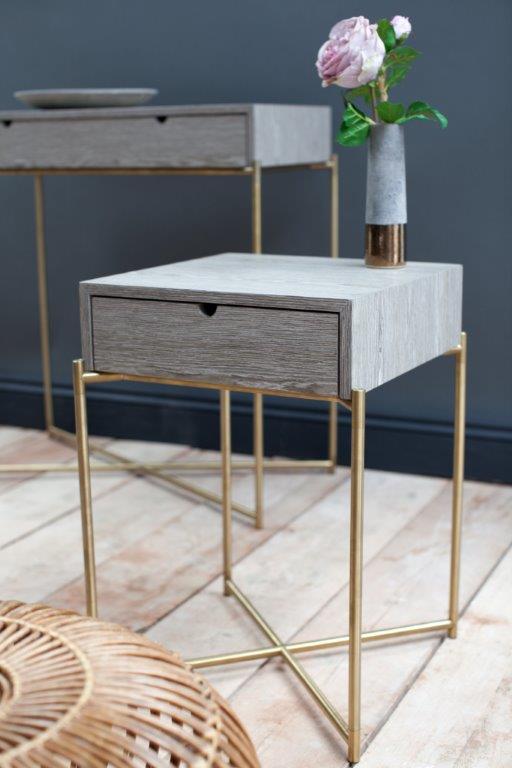 Gillmore Space Iris Square Plant Stand Weathered Oak Drawer 