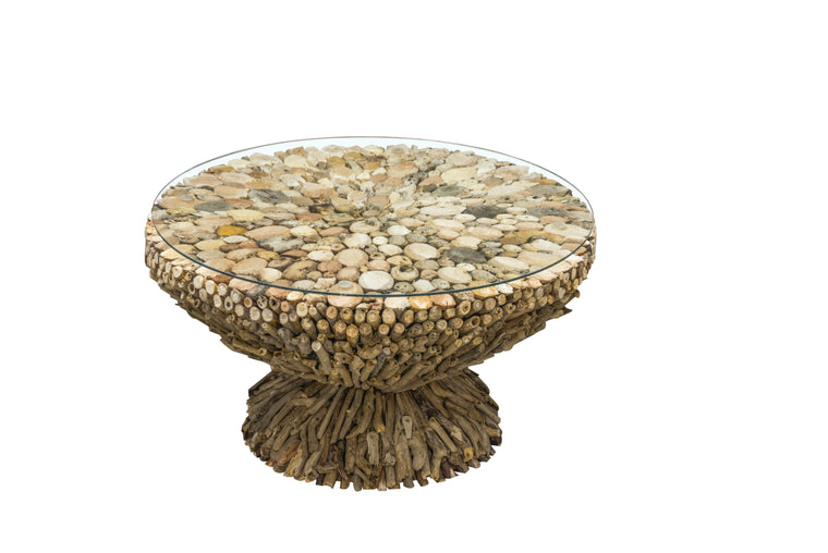 Bodiam Raby Driftwood Round Coffee Table w Glass Top