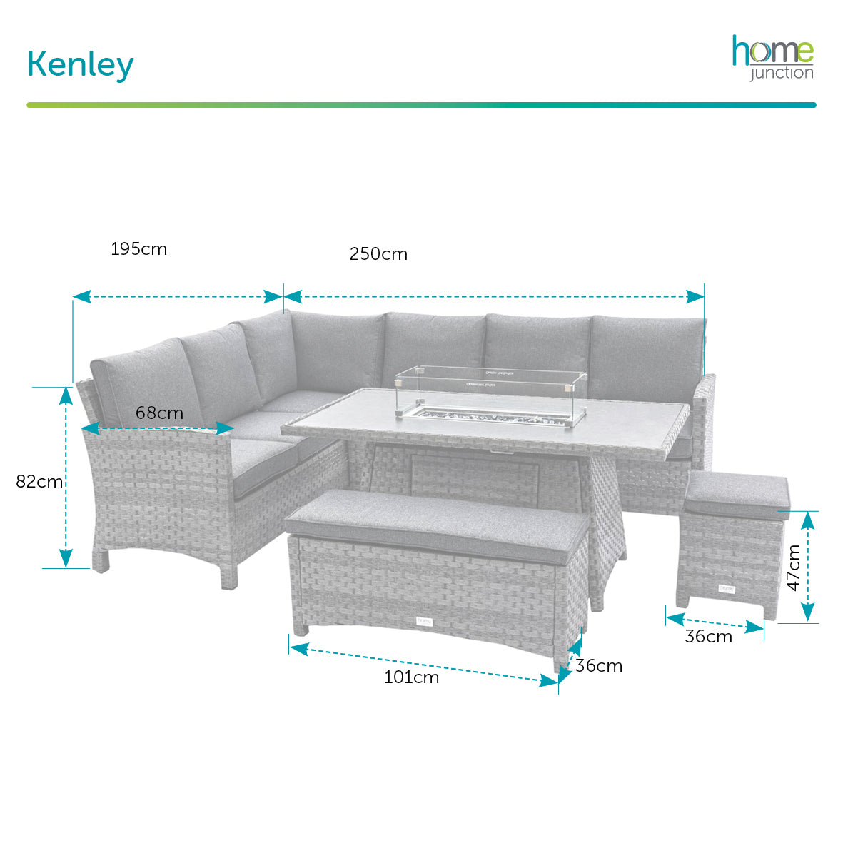 Home Junction Kenley Grey Corner Sofa LHF with Gas Firepit Dining Table, Bench and Stool