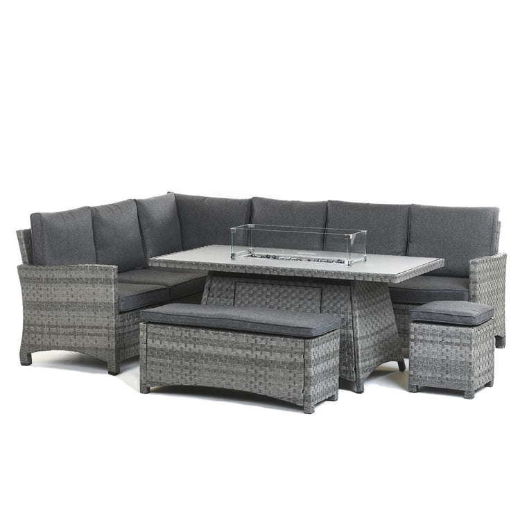 Home Junction Kenley Grey Corner Sofa LHF with Gas Firepit Dining Table, Bench and Stool