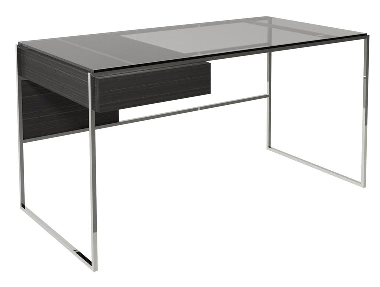 Gillmore Federico Desk Clear Glass Top, Black Stained Oak Drawer & Polished Frame