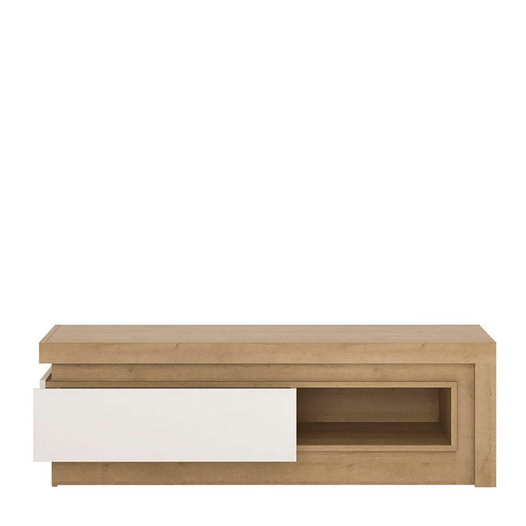 Axton Woodlawn 1 Drawer TV Cabinet With Open Shelf (including LED lighting) In Riviera Oak/White High Gloss